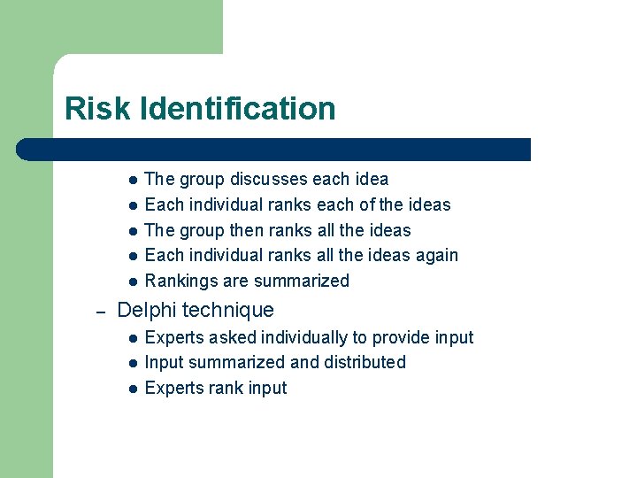 Risk Identification l l l – The group discusses each idea Each individual ranks