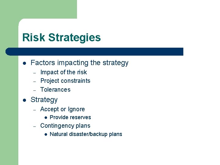 Risk Strategies l Factors impacting the strategy – – – l Impact of the