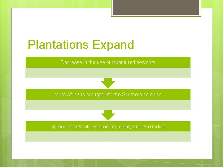 Plantations Expand Decrease in the use of indentured servants More Africans brought into the