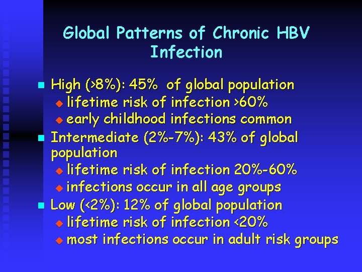 Global Patterns of Chronic HBV Infection n High (>8%): 45% of global population u