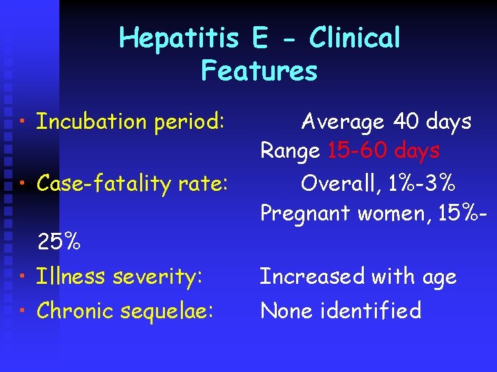 Hepatitis E - Clinical Features • Incubation period: Average 40 days Range 15 -60