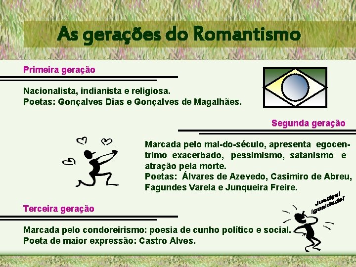 As gerações do Romantismo Primeira geração Nacionalista, indianista e religiosa. Poetas: Gonçalves Dias e