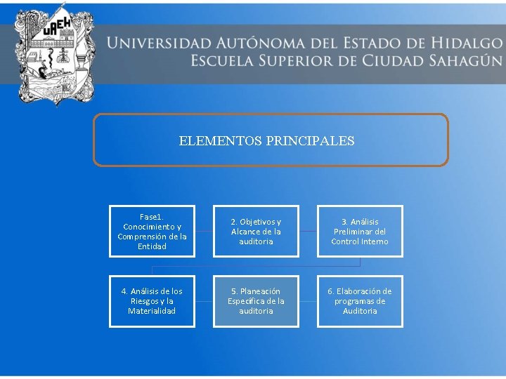 ELEMENTOS PRINCIPALES Fase 1. Conocimiento y Comprensión de la Entidad 2. Objetivos y Alcance