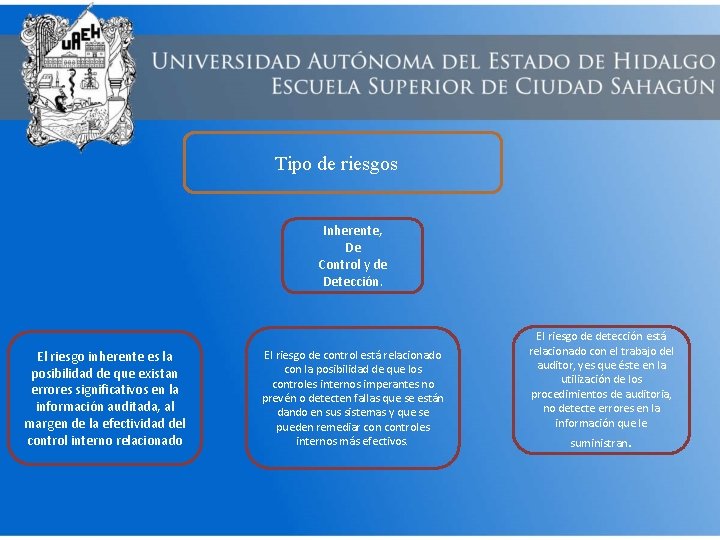 Tipo de riesgos Inherente, De Control y de Detección. El riesgo inherente es la