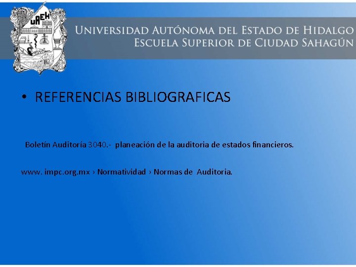  • REFERENCIAS BIBLIOGRAFICAS Boletín Auditoría 3040. - planeación de la auditoria de estados