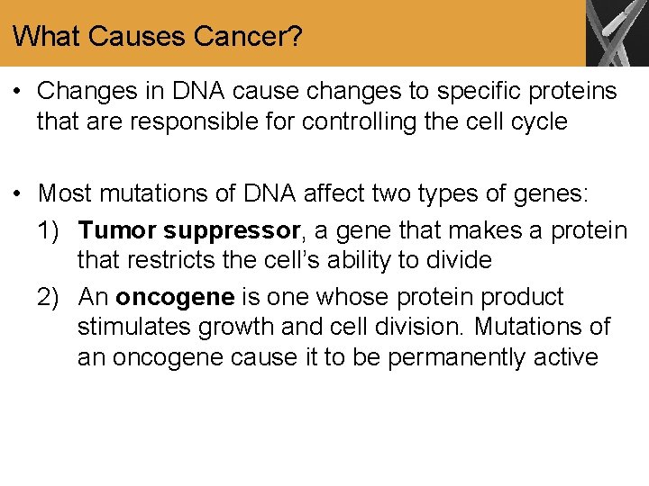 What Causes Cancer? • Changes in DNA cause changes to specific proteins that are