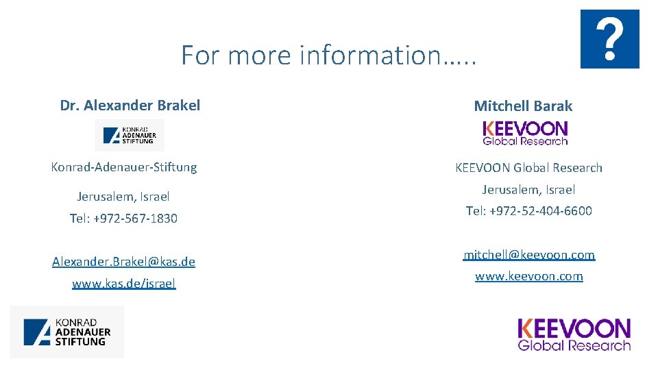 For more information…. . Dr. Alexander Brakel Konrad-Adenauer-Stiftung Jerusalem, Israel Tel: +972 -567 -1830