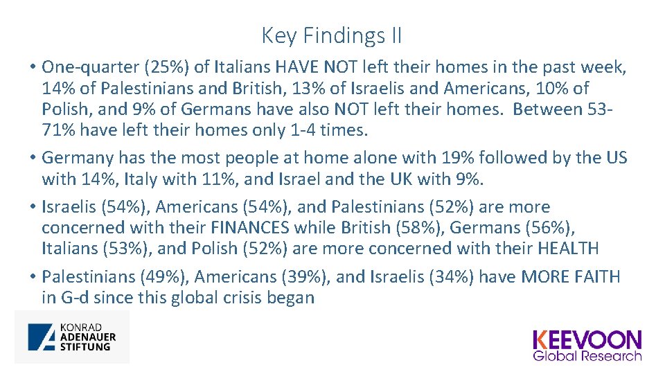 Key Findings II • One-quarter (25%) of Italians HAVE NOT left their homes in