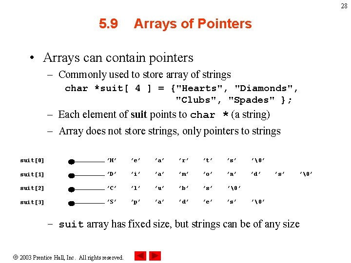 28 5. 9 Arrays of Pointers • Arrays can contain pointers – Commonly used