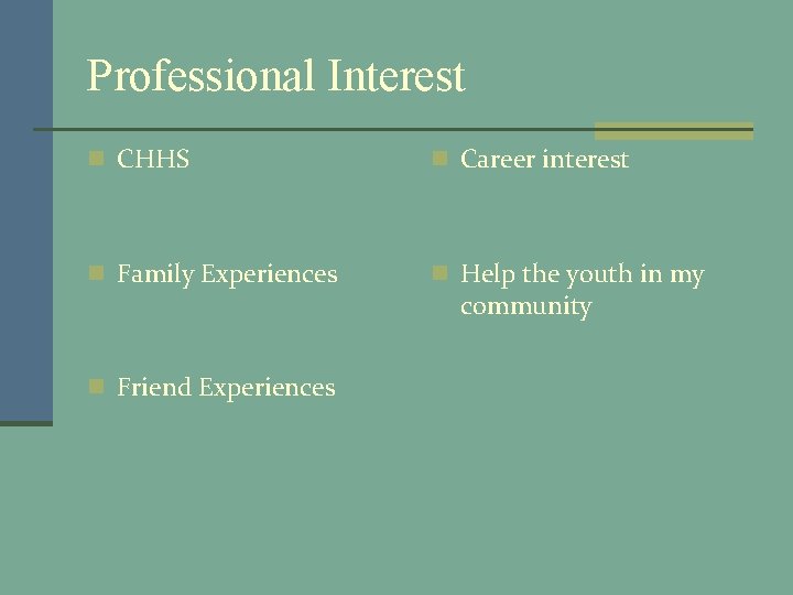 Professional Interest n CHHS n Career interest n Family Experiences n Help the youth