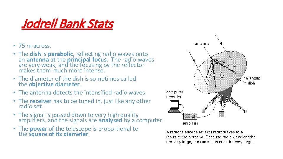 Jodrell Bank Stats • 75 m across. • The dish is parabolic, reflecting radio