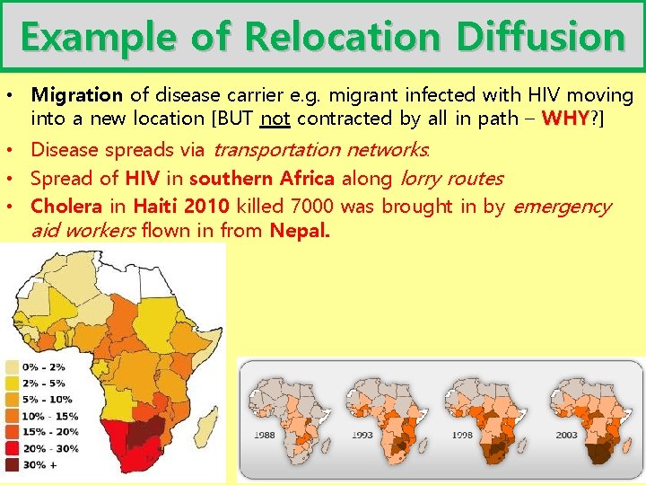 Example of Relocation Diffusion • Migration of disease carrier e. g. migrant infected with