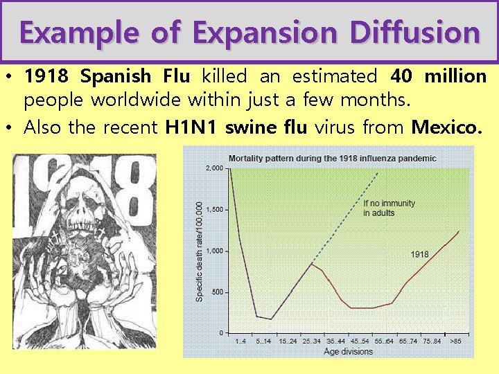 Example of Expansion Diffusion • 1918 Spanish Flu killed an estimated 40 million people