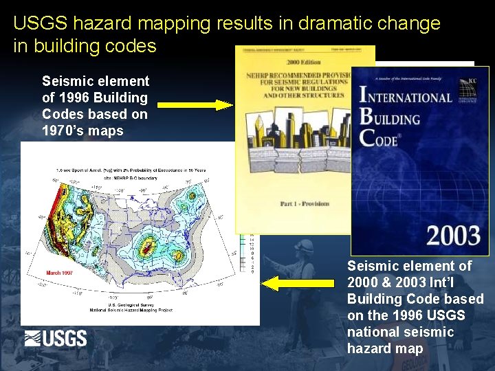 USGS hazard mapping results in dramatic change in building codes Seismic element of 1996 USGS hazard mapping results in dramatic change in building codes Seismic element of 1996