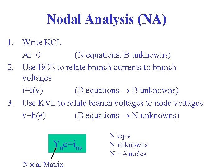 Nodal Analysis (NA) 1. Write KCL Ai=0 (N equations, B unknowns) 2. Use BCE