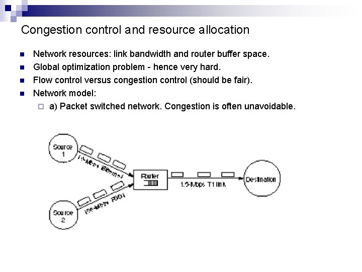 Congestion control and resource allocation n n Network resources: link bandwidth and router buffer