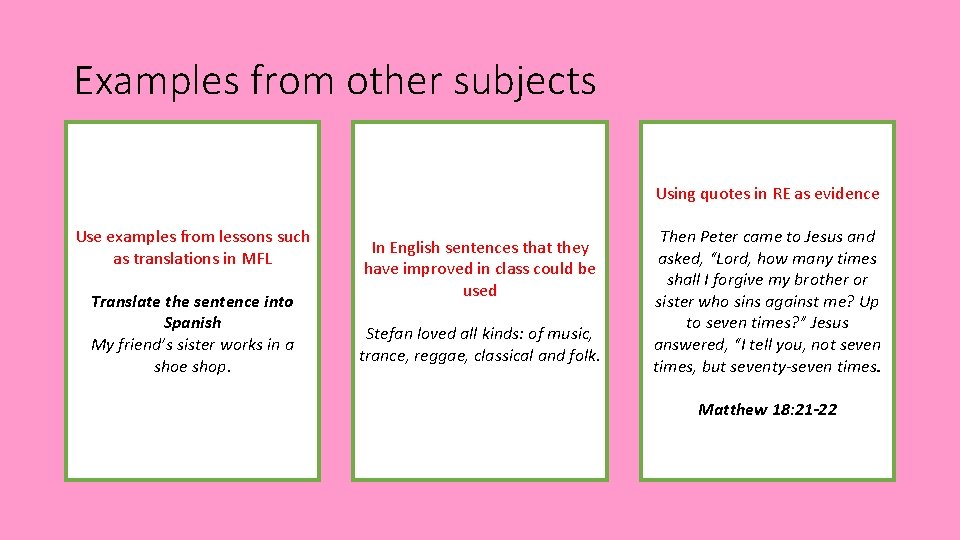 Examples from other subjects Using quotes in RE as evidence Use examples from lessons