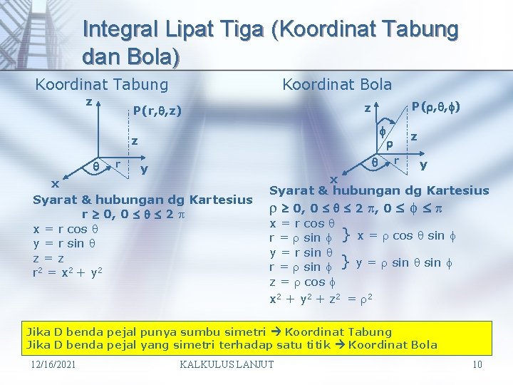 Integral Lipat Tiga (Koordinat Tabung dan Bola) Koordinat Tabung z Koordinat Bola P( ,