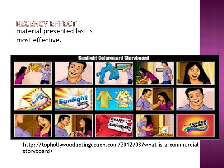 material presented last is most effective. http: //tophollywoodactingcoach. com/2012/03/what-is-a-commercialstoryboard/ 