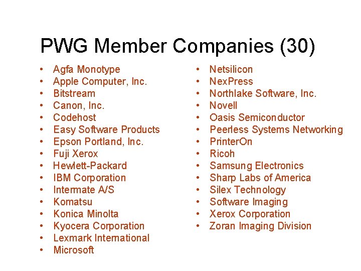 PWG Member Companies (30) • • • • Agfa Monotype Apple Computer, Inc. Bitstream