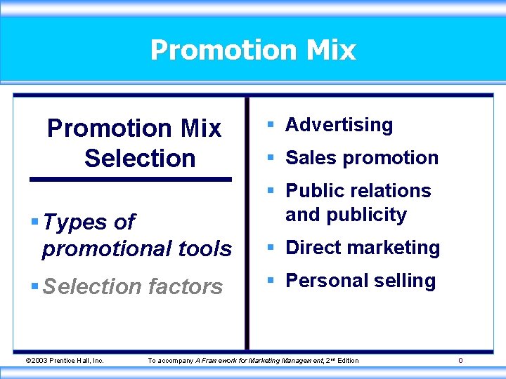 Promotion Mix Selection § Types of promotional tools § Selection factors © 2003 Prentice