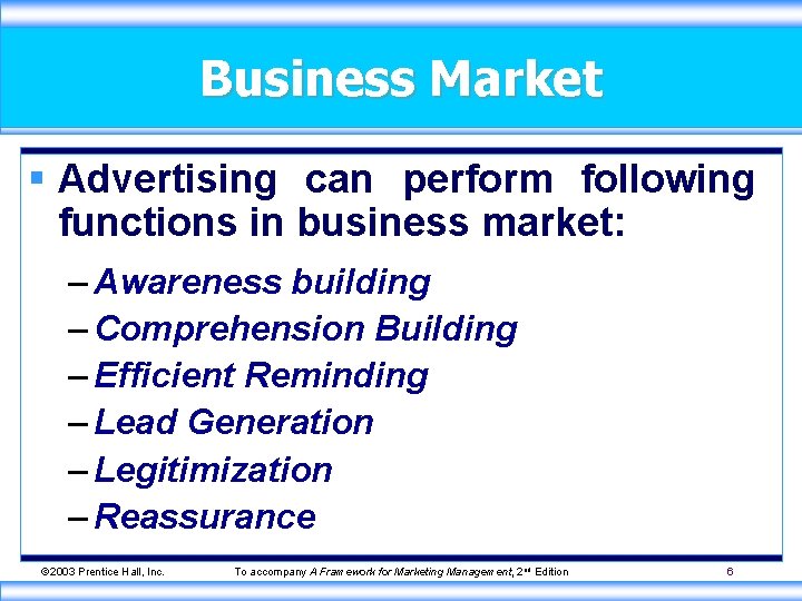 Business Market § Advertising can perform following functions in business market: – Awareness building