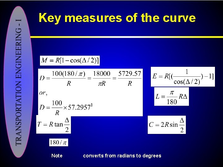 Key measures of the curve Note converts from radians to degrees 