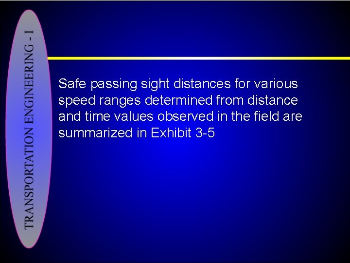Safe passing sight distances for various speed ranges determined from distance and time values