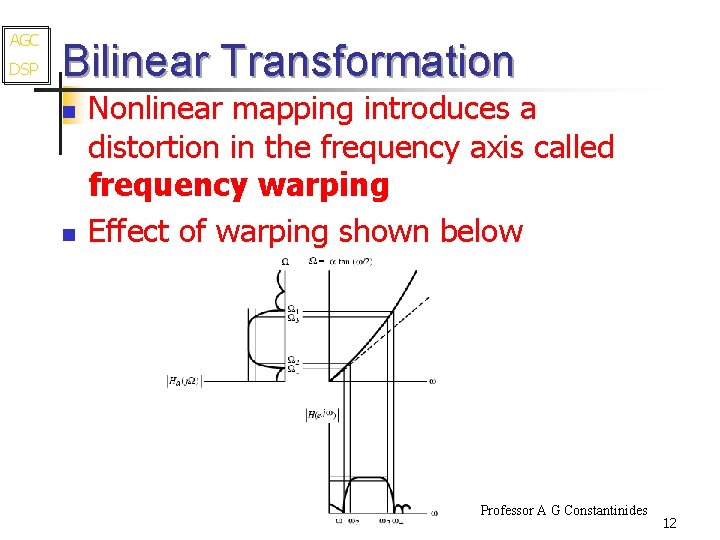 AGC DSP Bilinear Transformation n n Nonlinear mapping introduces a distortion in the frequency