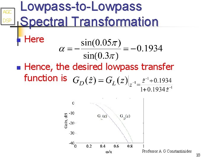 AGC DSP Lowpass-to-Lowpass Spectral Transformation n n Here Hence, the desired lowpass transfer function