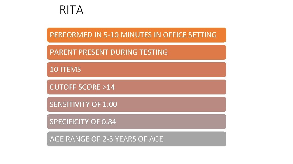 RITA PERFORMED IN 5 -10 MINUTES IN OFFICE SETTING PARENT PRESENT DURING TESTING 10