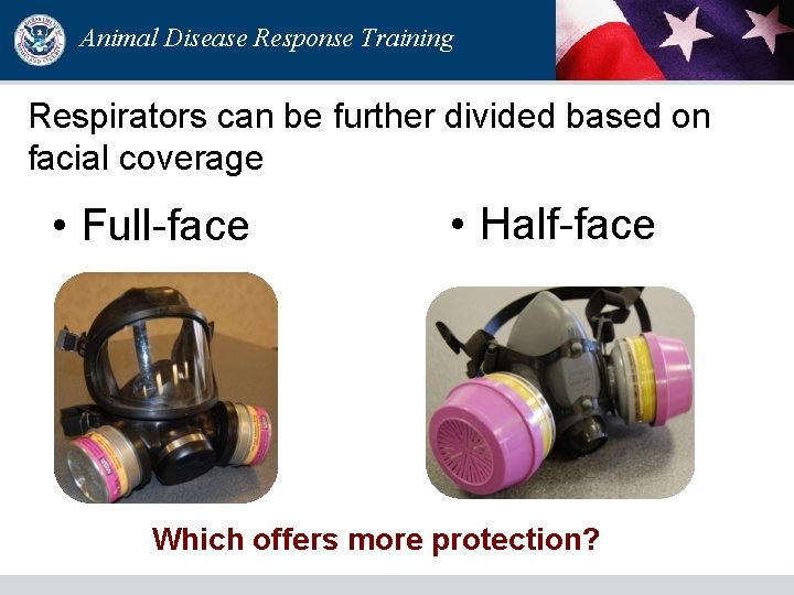 Animal Disease Response Training Respirators can be further divided based on facial coverage • Animal Disease Response Training Respirators can be further divided based on facial coverage •