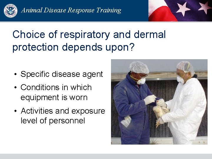 Animal Disease Response Training Choice of respiratory and dermal protection depends upon? • Specific Animal Disease Response Training Choice of respiratory and dermal protection depends upon? • Specific