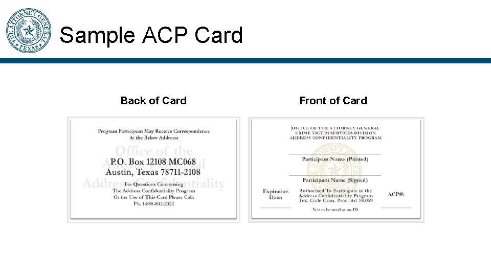 Sample ACP Card Back of Card Front of Card 