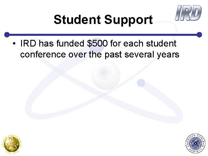 Student Support • IRD has funded $500 for each student conference over the past