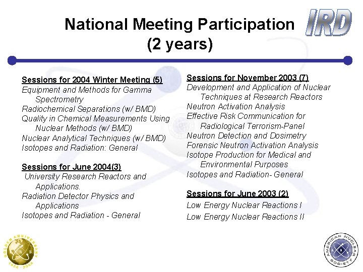 National Meeting Participation (2 years) Sessions for 2004 Winter Meeting (5) Equipment and Methods