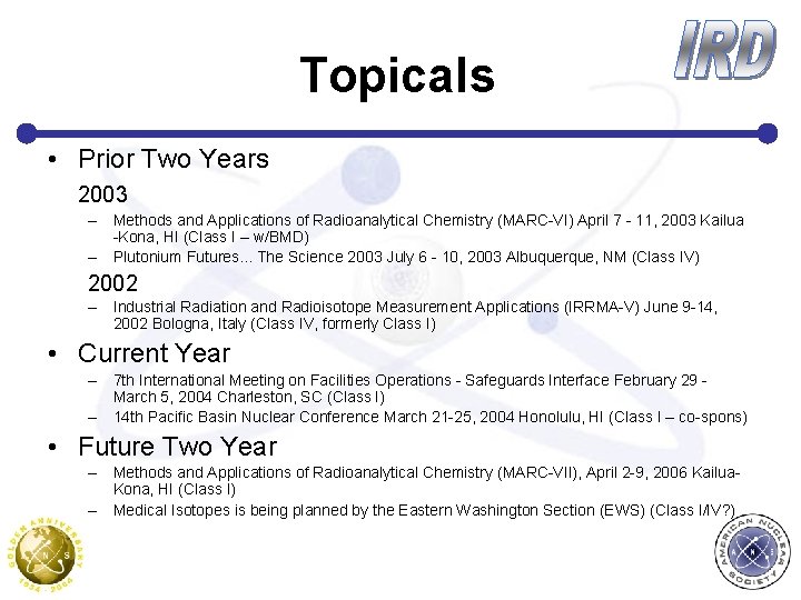 Topicals • Prior Two Years 2003 – Methods and Applications of Radioanalytical Chemistry (MARC-VI)