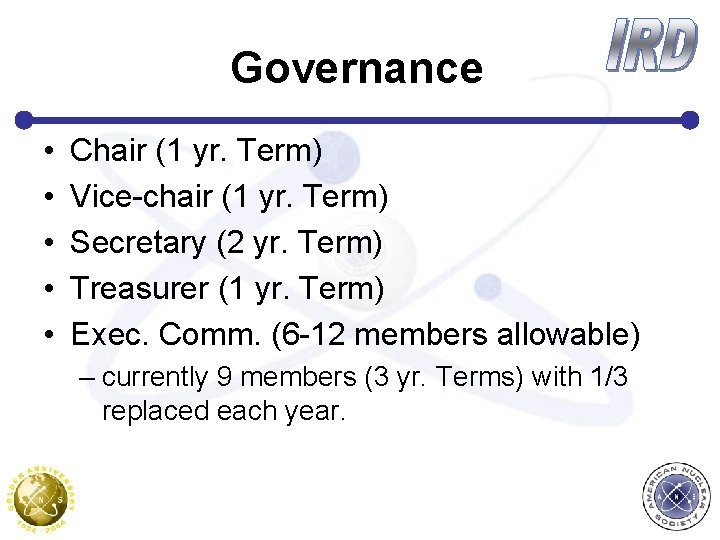 Governance • • • Chair (1 yr. Term) Vice-chair (1 yr. Term) Secretary (2