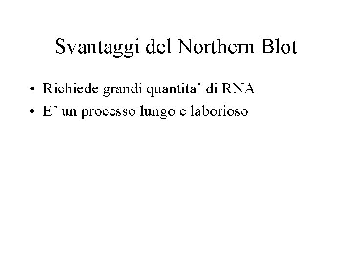 Svantaggi del Northern Blot • Richiede grandi quantita’ di RNA • E’ un processo