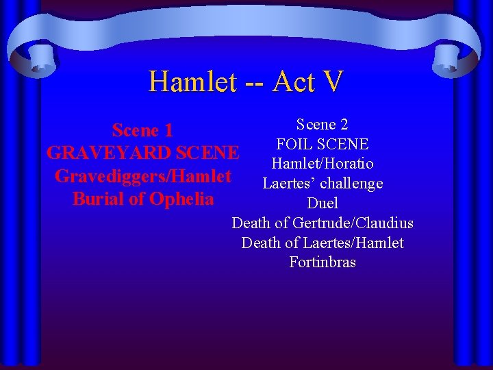 Hamlet -- Act V Scene 2 FOIL SCENE Hamlet/Horatio Laertes’ challenge Duel Death of