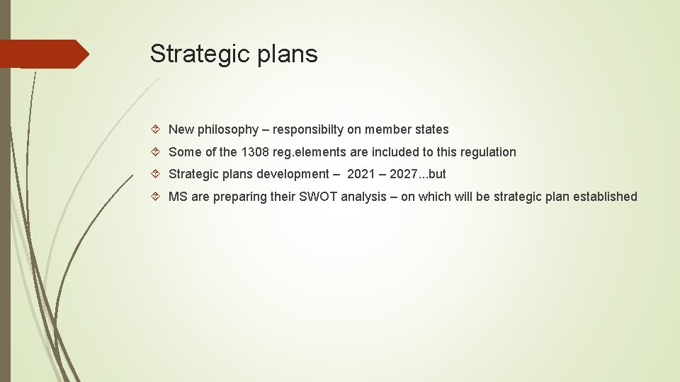 Strategic plans New philosophy – responsibilty on member states Some of the 1308 reg.