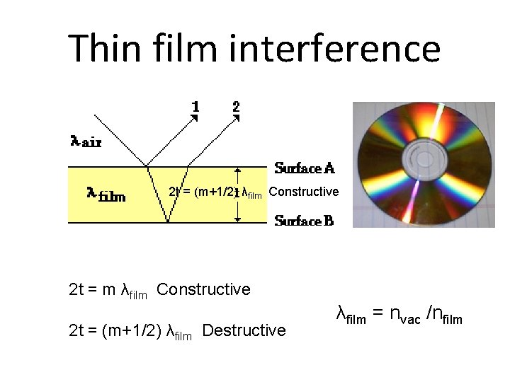 Thin film interference 2 t = (m+1/2) λfilm Constructive 2 t = m λfilm