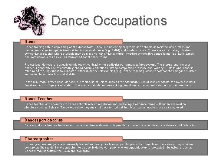 Dance Occupations Dancer Dance training differs depending on the dance form. There are university