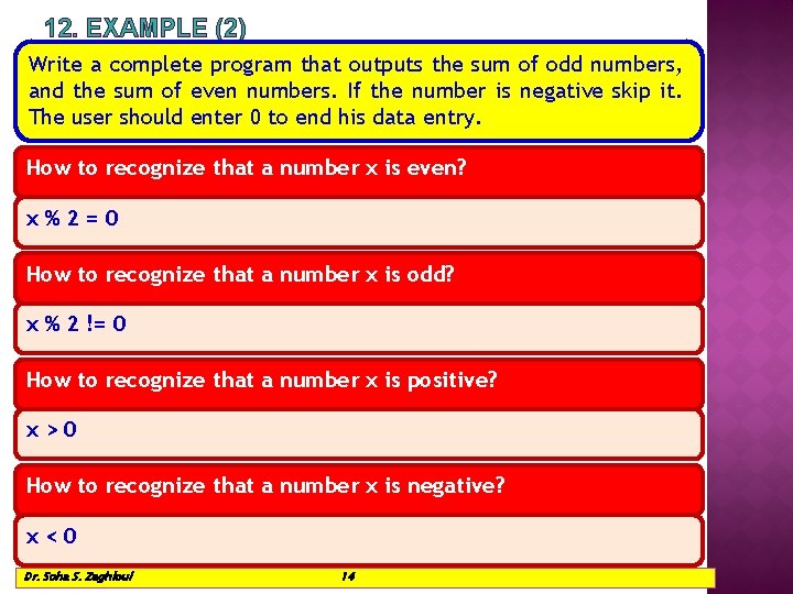 12. EXAMPLE (2) Write a complete program that outputs the sum of odd numbers,