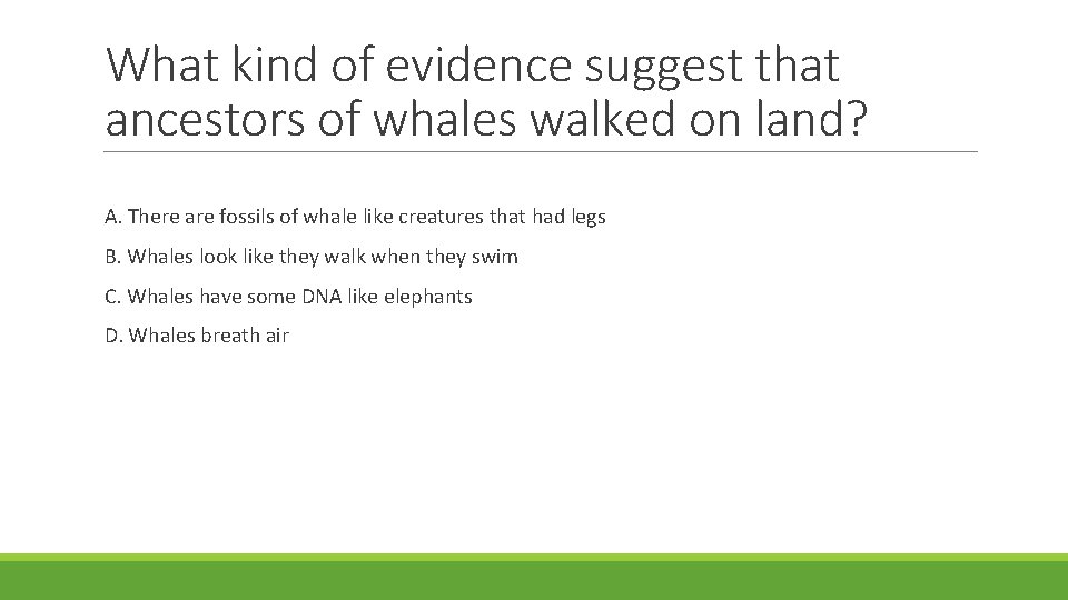 What kind of evidence suggest that ancestors of whales walked on land? A. There