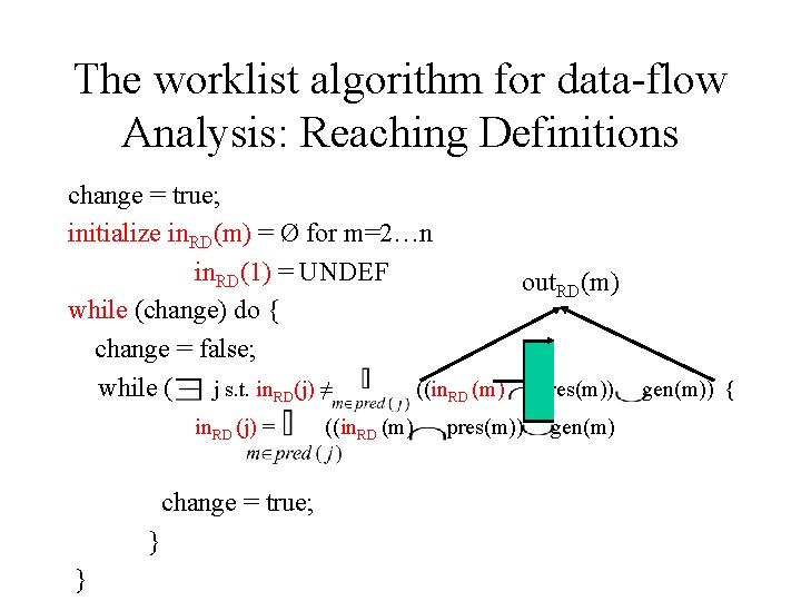 The worklist algorithm for data-flow Analysis: Reaching Definitions change = true; initialize in. RD(m)