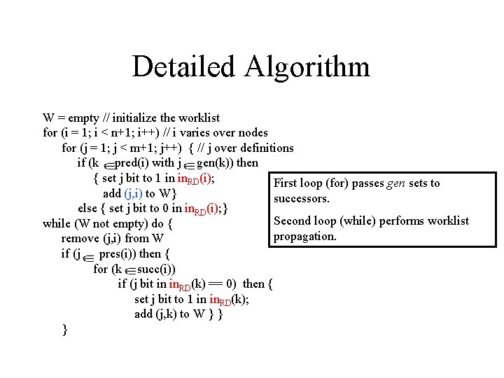 Detailed Algorithm W = empty // initialize the worklist for (i = 1; i