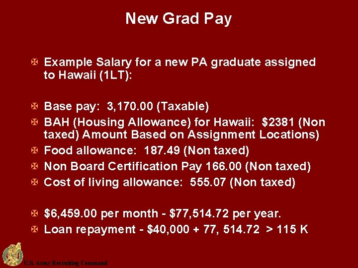 New Grad Pay X Example Salary for a new PA graduate assigned to Hawaii