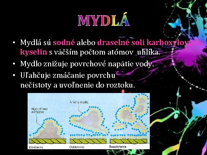 MYDLÁ • Mydlá sú sodné alebo draselné soli karboxylových kyselín s väčším počtom atómov