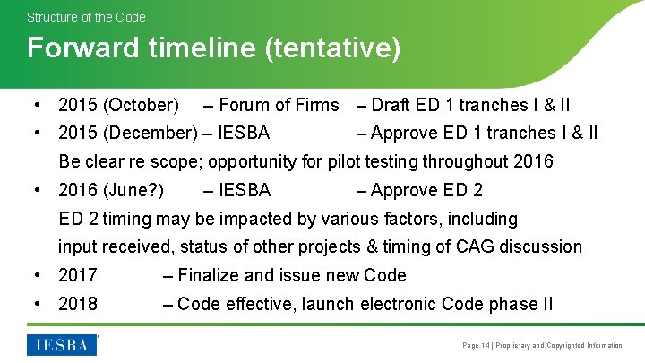 Structure of the Code Forward timeline (tentative) • 2015 (October) – Forum of Firms